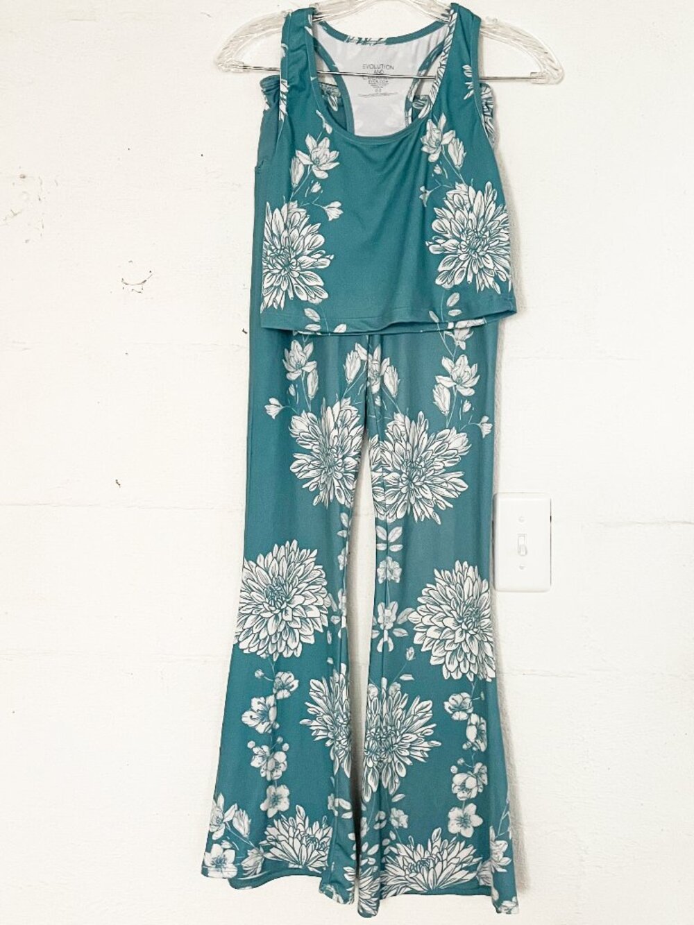 Evolution and Creation Yoga Crop Top and Pants Set Turquoise Blue and White